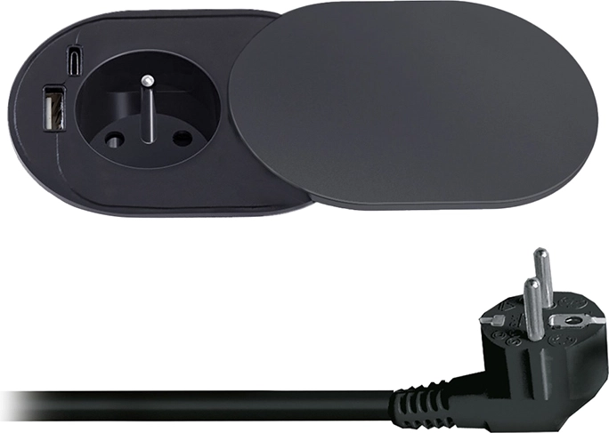 Solight indbygningsstikkontakt 230 V med USB-A og USB-C 20 W PD med skydeklap, 2 m, mat sort