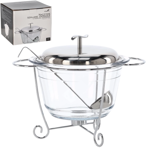 Glasvarmeskål 3,9 l med låg i rustfrit stål, stativ og øse