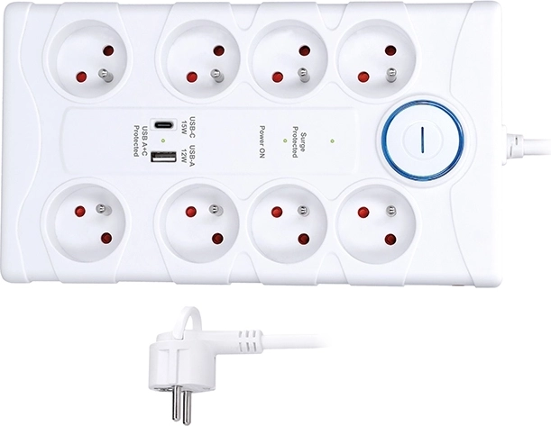 Solight overspændingsbeskyttelse med 8 stikkontakter og USB-A/USB-C, 2 m, hvid