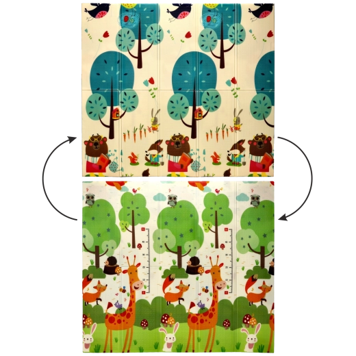 Dobbelt­sidet lærende sammenklappelig måtte 180×200×1 cm med dyr og træer + taske