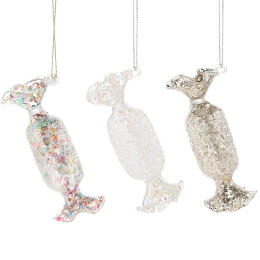 Glasjulepynt slik, gennemsigtig, 3,8 × 9,3 cm, sæt med 6 stk.