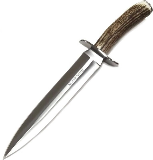Muela Vikingo 23A jagtkniv med gevirhåndtag og læderskede, klinge 23 cm