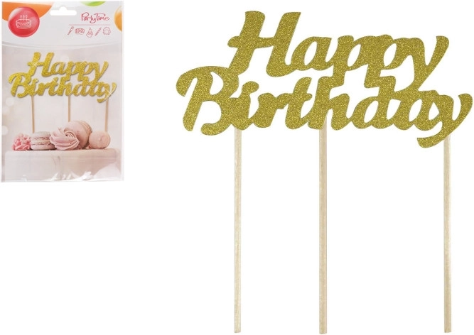 Gylden kagetopper Happy Birthday med glimmer
