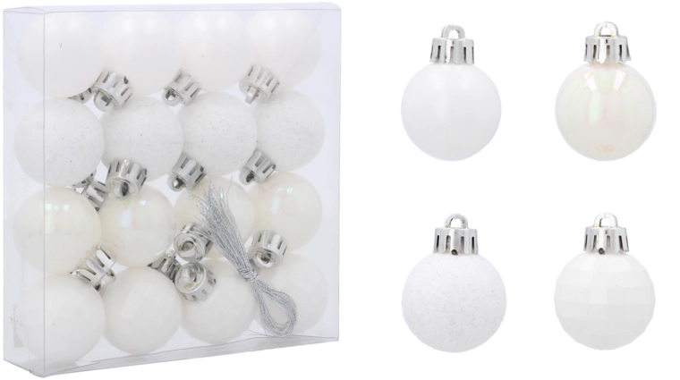 Sæt med hvide juleornamenter 3 cm – 16 stk., matte, blanke, glitrende og discoeffekt