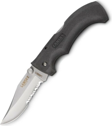 Lansky Easy Grip universel lommekniv med delvist savtakket klinge, sort