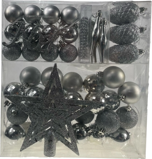 Sæt med 48 sølvfarvede julepynt