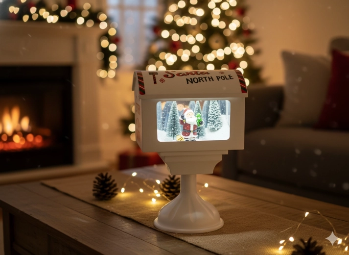 Julepostkasse med LED-belysning og spilledåse med julemanden