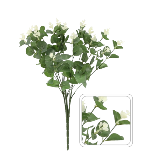 Kunstig eukalyptusgren med hvide blomster 46 cm