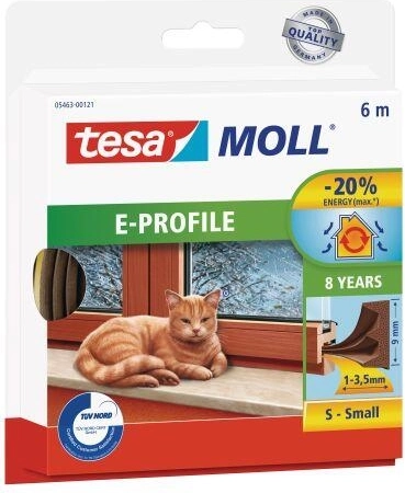 Tætning til vinduer og døre E 9×4 mm, brun, 6 m