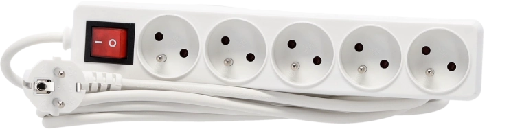 Forlænger-skinne med overspændingsbeskyttelse og afbryder, 5 stik, 5 m, hvid