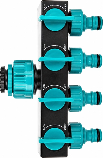 4-vejs fordeler til havehane til slange med ventiler og reduktion 3/4"–1/2"