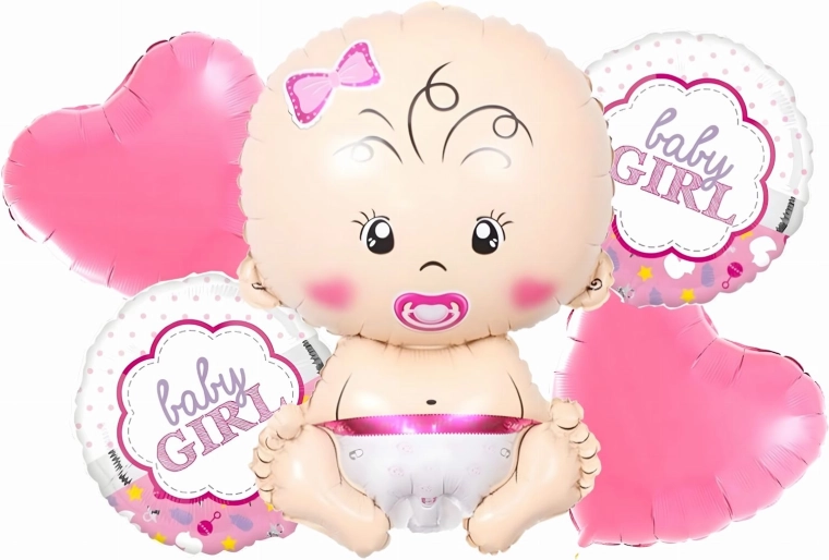 Balloner til babyshower til pige – sæt med 5 stk. med stjerner og baby-motiv