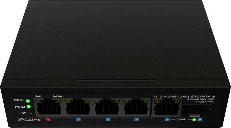 Lanberg let industriel PoE-switch til DIN-skinne 4× Fast Ethernet + 1× Gigabit uplink + 1× SFP (PoE++ 90 W)