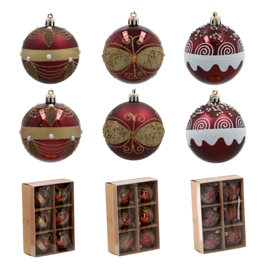 Sæt med julepynt i bordeaux 7 cm – 6 stk., brudsikre med perler og gyldne detaljer