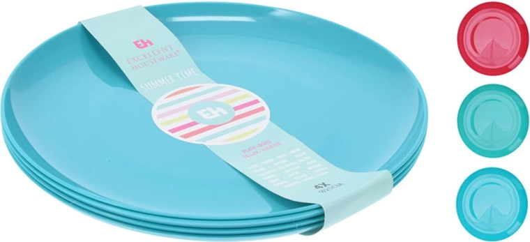 Sæt med lave plasttallerkener 21 cm, farvemix, 4 stk.