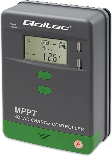MPPT solcelleregulator 10A med LCD, Bluetooth og temperatursensor til 12/24 V, 2× USB, understøtter GEL og LiFePO4