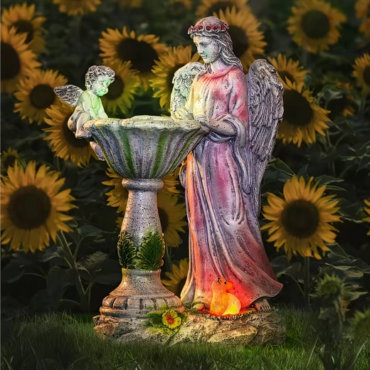 Solardrevet haveengel med fuglebad og RGB LED-belysning