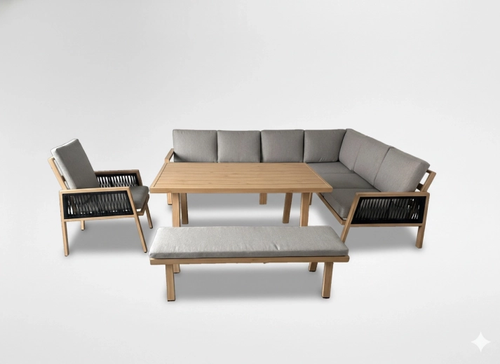 Havemøbler i aluminium Ottawa med hjørnesofa, bænk og bord, brun med grå hynder