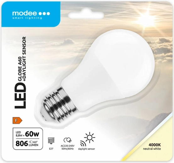 Modee Lighting LED smart pære A60 8,8 W E27, neutral hvid med lyssensor
