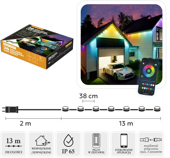 Smart LED-lysguirlande 36 RGB, multicolor, 15 m, IP65, indendørs og udendørs