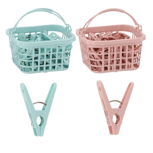 Sæt med 30 plasttøjklemmer i kurv