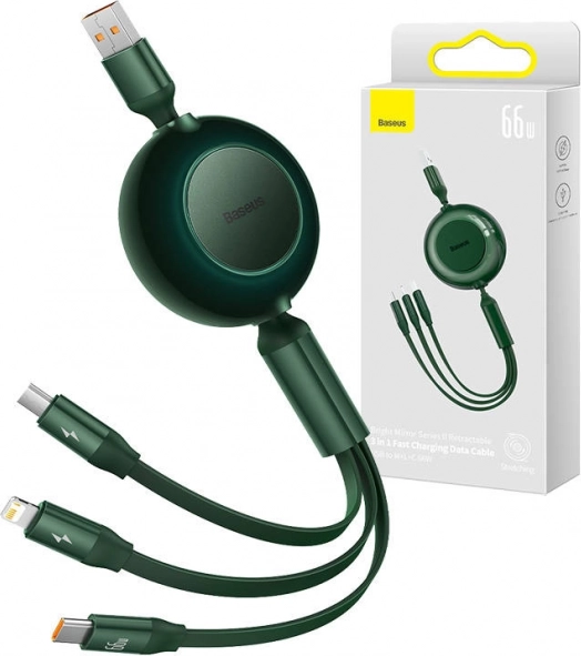 Baseus Bright Mirror 3 USB-kabel 3-i-1 til micro USB, USB‑C og Lightning 66W 1,1 m – Grøn