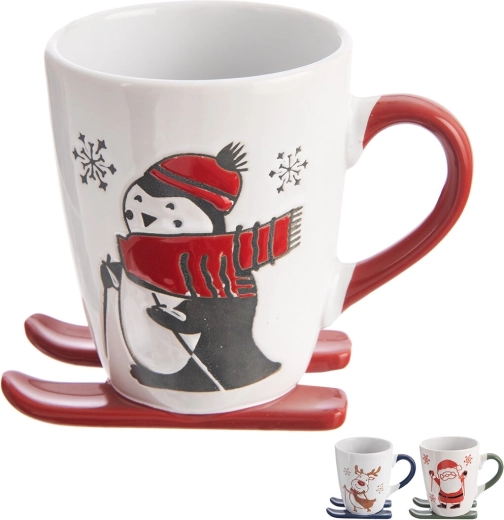 Julekeramikkrus 330 ml med holder formet som ski, mix af motiver
