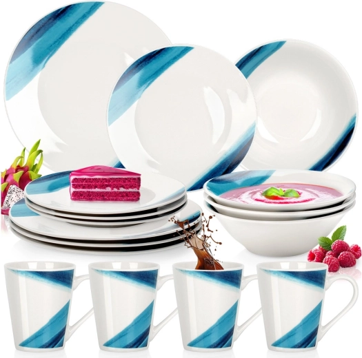 Porcelæn spisestel 16 dele hvidt med blåt dekor