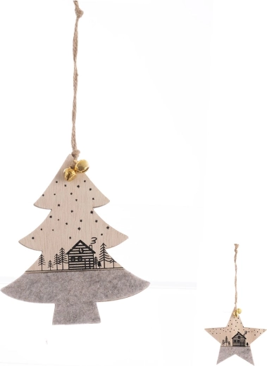 Hængende julepynt i træ og filt, beige 11 × 13 cm (2 varianter)