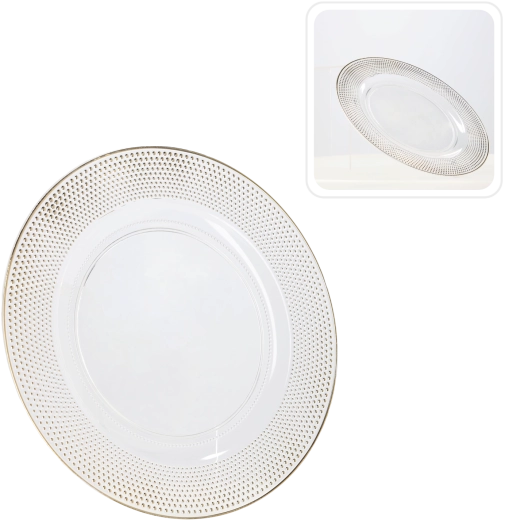 Transparent rund dækketallerken med gulddetalje 33 cm (6 stk.)
