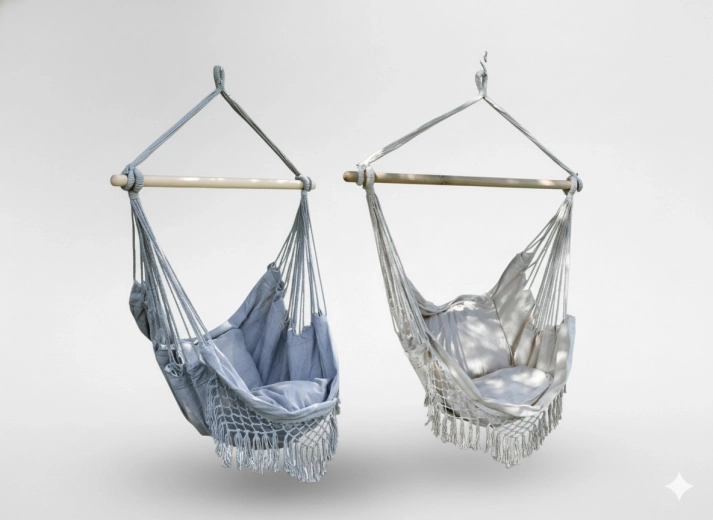 Hængende brasiliansk boho-stol med puder, 130 × 100 cm, beige‑grå