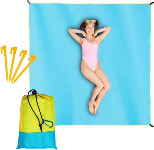 Vandtæt strandmåtte og picnictæppe 210 × 200 cm blå med gul kant