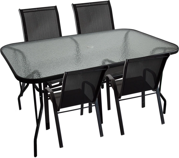 Havespisesæt med glasbord og 4 stole, stål og textilene, sort