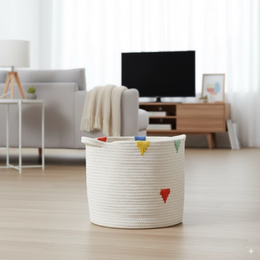 Rund tekstilkurv til vasketøj og legetøj 27 × 24 cm – hvid med farvet mønster