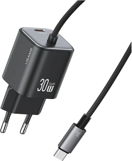 Usams JC-serien CC264 30 W GaN vægoplader med indbygget USB‑C-kabel (sort)