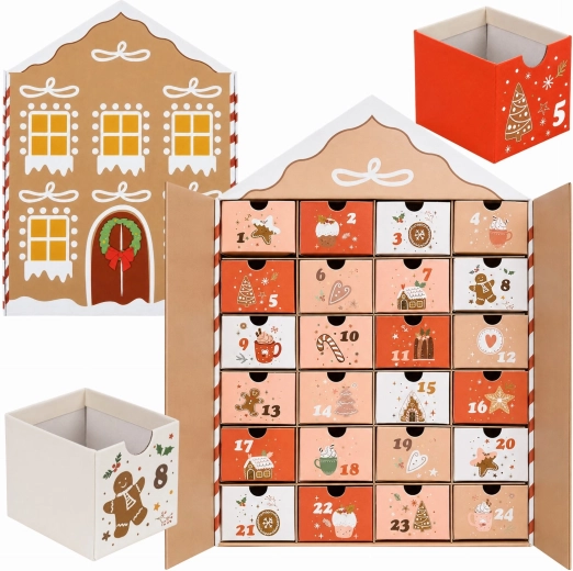 Jule-adventskalender i form af et hus med skuffer