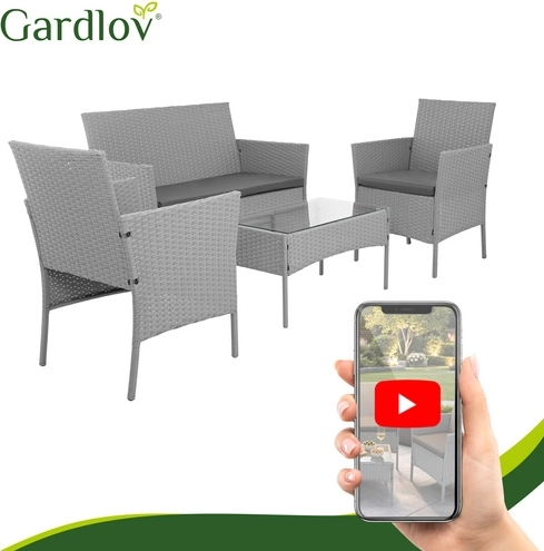 Havesæt i teknorattan GARDLOV, grå – 2 lænestole, sofa og sofabord med glas