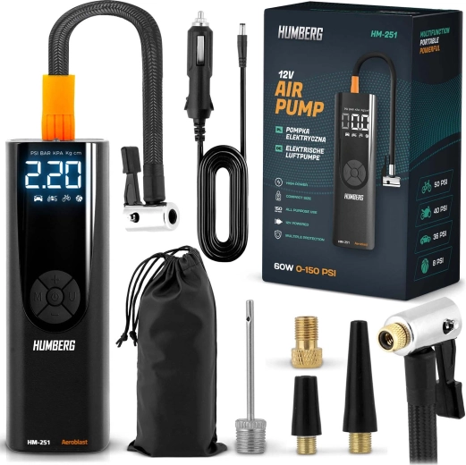 Elektrisk mini-kompressor HUMBERG HM-251 – bærbar digital bilpumpe med LED-lys