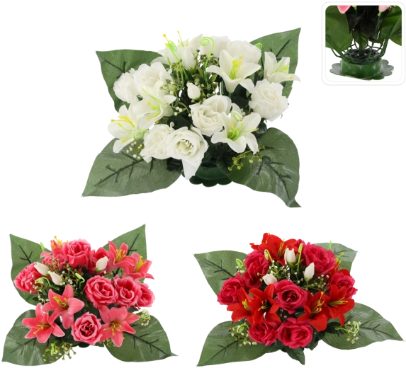 Kunstig blomsterdekoration med roser og liljer 25 × 27 × 27 cm, farvemix