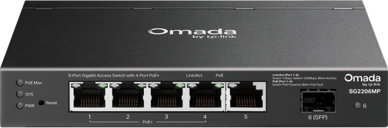 TP-Link Omada gigabit-switch med 4× PoE+ og 1× SFP (6 porte)