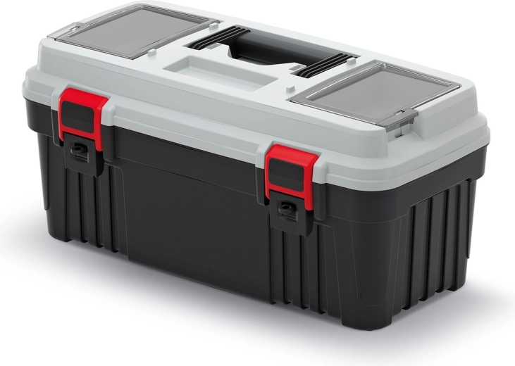 Plastkuffert til værktøj med rum og indsats, grå