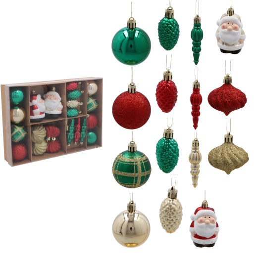 Sæt med 24 juleornamenter i rød, grøn og guld