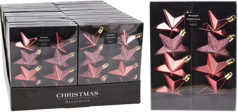 Julepynt stjerner 6,5 cm lyserøde, sæt 8 stk