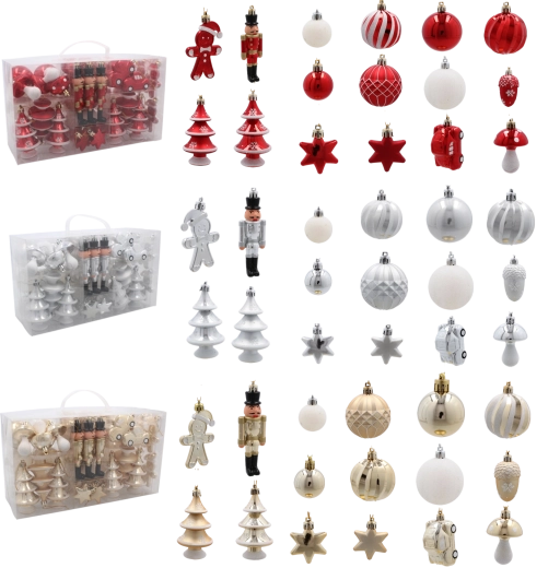 Sæt med 50 julepynt i rød, sølv og guld