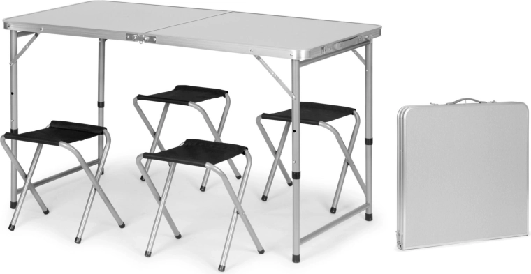 Sammenklappeligt campingbord i kuffert med justerbar højde og 4 taburetter 120 × 60 cm, sølvfarvet