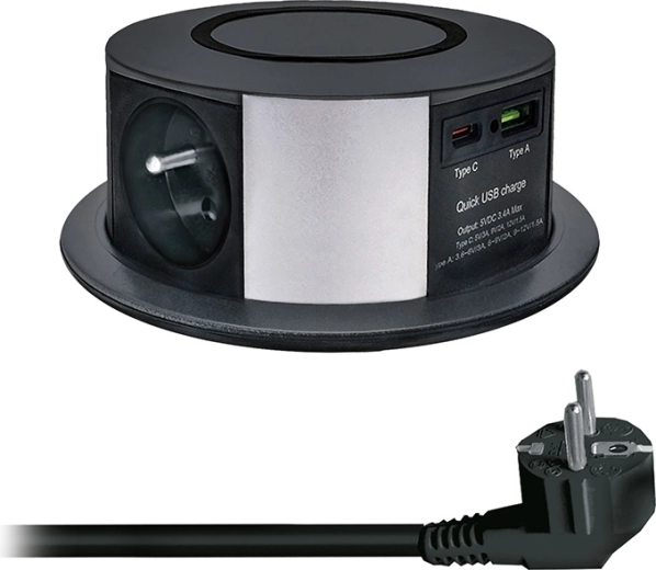 Solight udtrækkelig stikkontaktblok med 3 stikkontakter, USB-A/USB-C PD 20 W og trådløs Qi-opladning 10 W, 2 m, sort