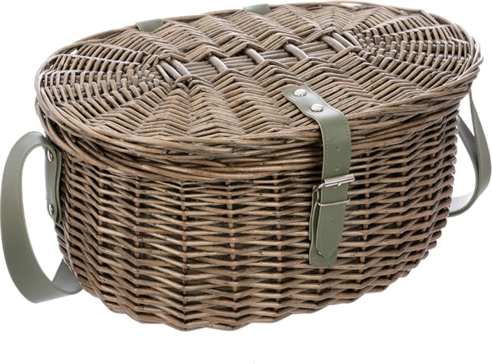 Flettet picnickurv med låg, polkaprikket foer og skulderrem