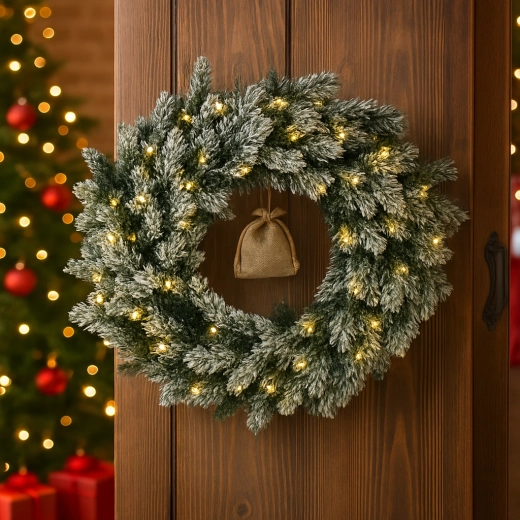 Julekrans i fyr 60 cm, kraftigt snedækket med LED - 1 stk.