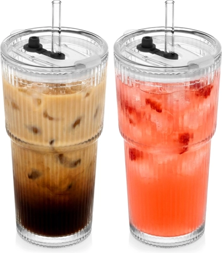 Glas-tumblere med låg og sugerør 500 ml, sæt med 2 stk.