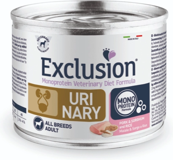 Exclusion UM20 Urinary dåsemad til hunde 200 g, svinekød med sorghum og ris